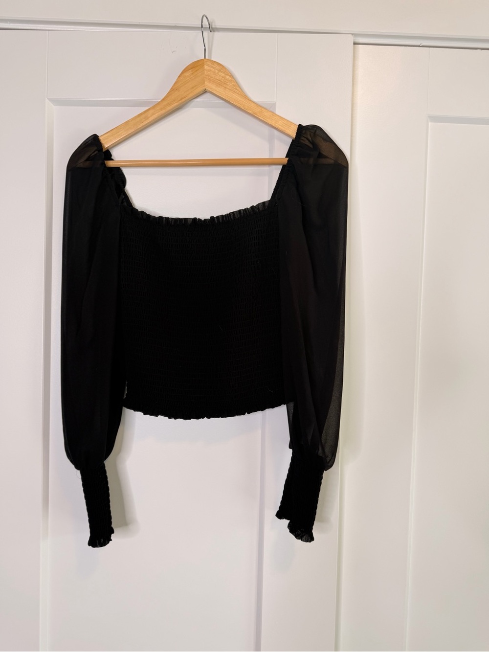 💛2 for 20-Wilfred Black Smocked Off-Shoulder Sheer Sleeve Top